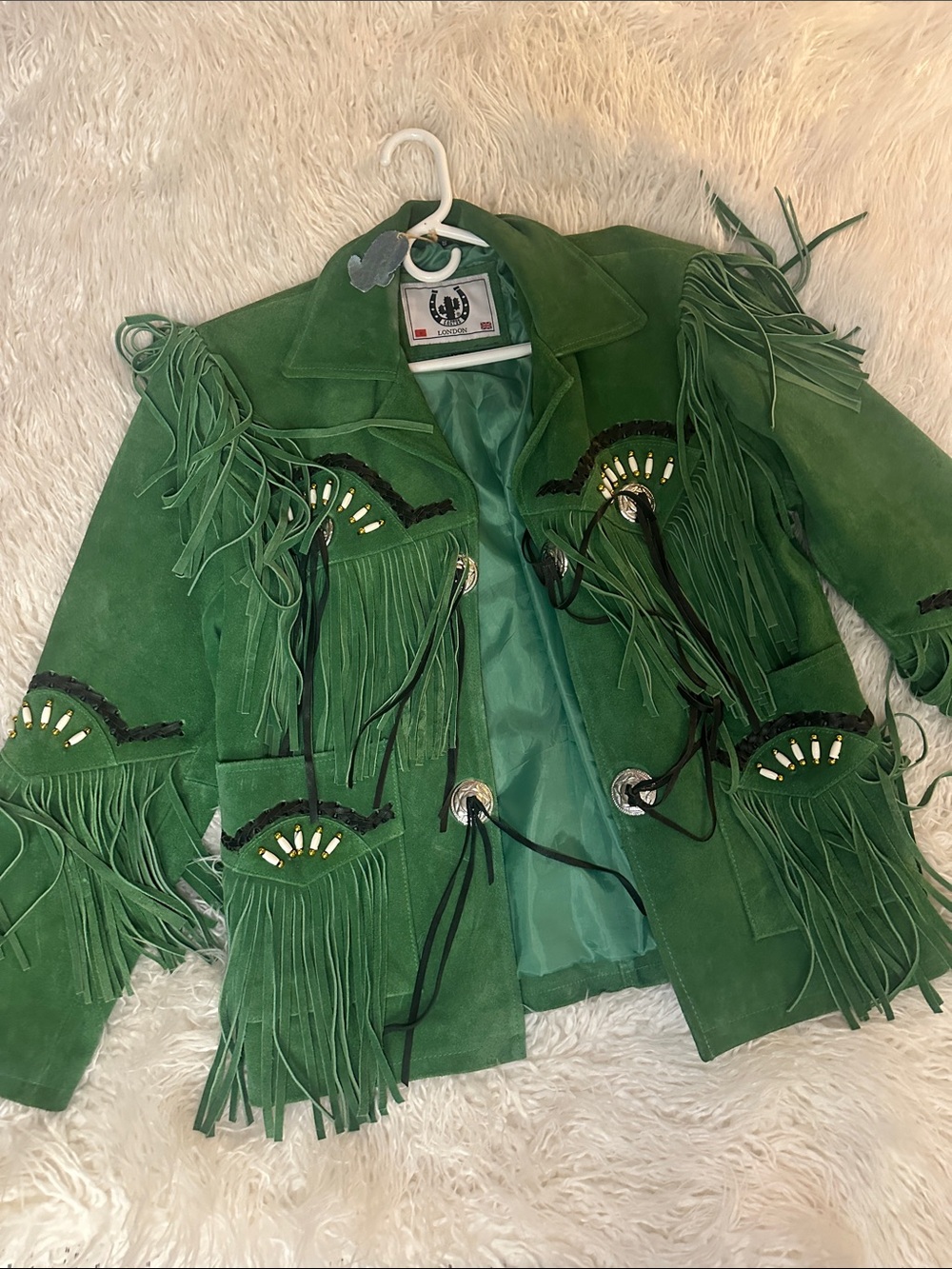 Vintage Rare Cactus London Green Suede Fringe Jacket with Beaded Accents NWT S